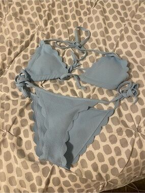 Light Blue Scalloped Triangle Bikini Set - Women Swim